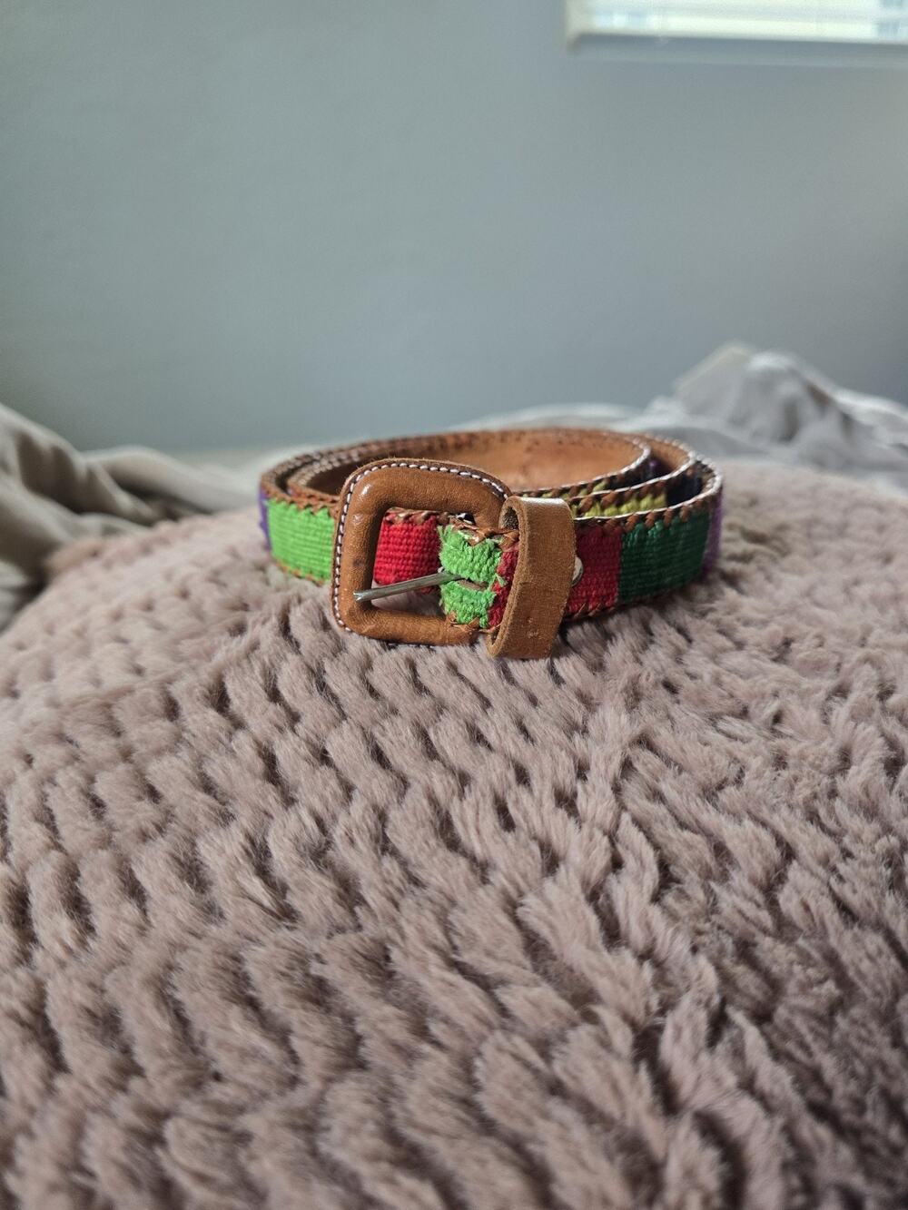 Guatemalan MultiColor Woven Leather Cotton Southwestern Belt Sz 32 bohemian boho